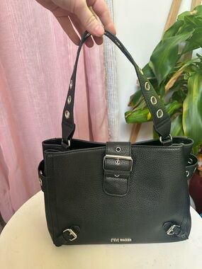 Steve Madden Black Pebbled Shoulder Tote with Buckle Detail